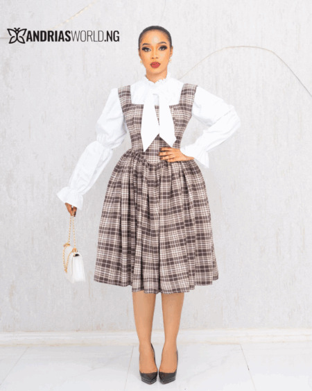 PINAFORE TWEED DRESS WITH WHITE RUFFLE SHIRT